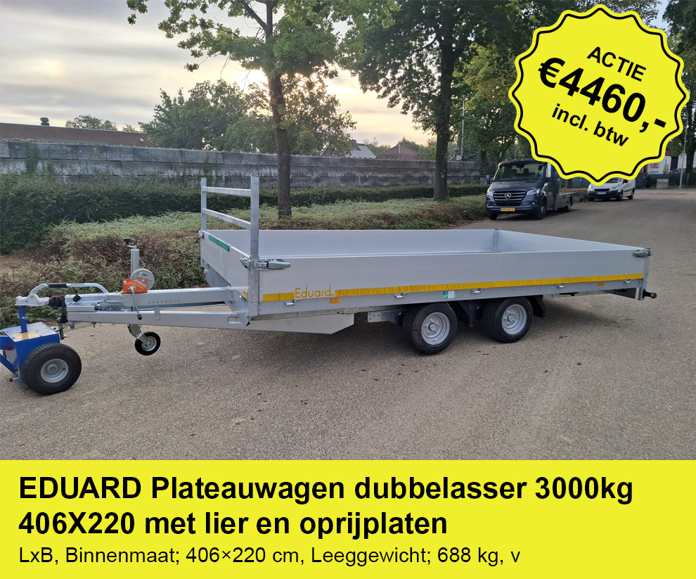 EDUARD-Plateauwagen-dubbelasser-3000kg-406X220-met-lier-en-oprijplaten